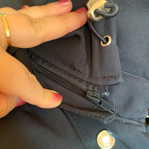 Betsey Johnson M Rain Hood Trench Coat Jacket Dble Breast Belted Navy Thumbholes - Picture 3 of 7